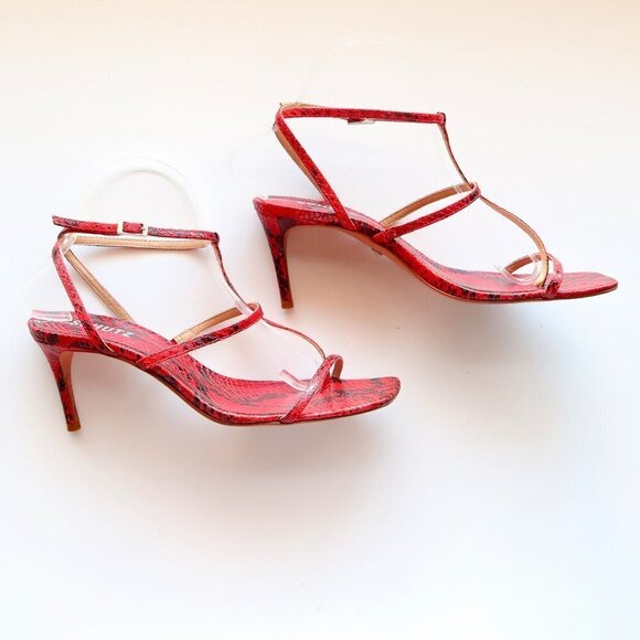 SCHUTZ Red Black Snakeskin Strappy Open Square Toe  Heeled Sandals Summer Shoes - Picture 12 of 16
